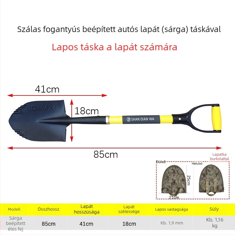 Járműre szerelhető kerti ásó terep használatra — összecsukható, mangán acél fej, rostból készült nyél, 1.16 kg