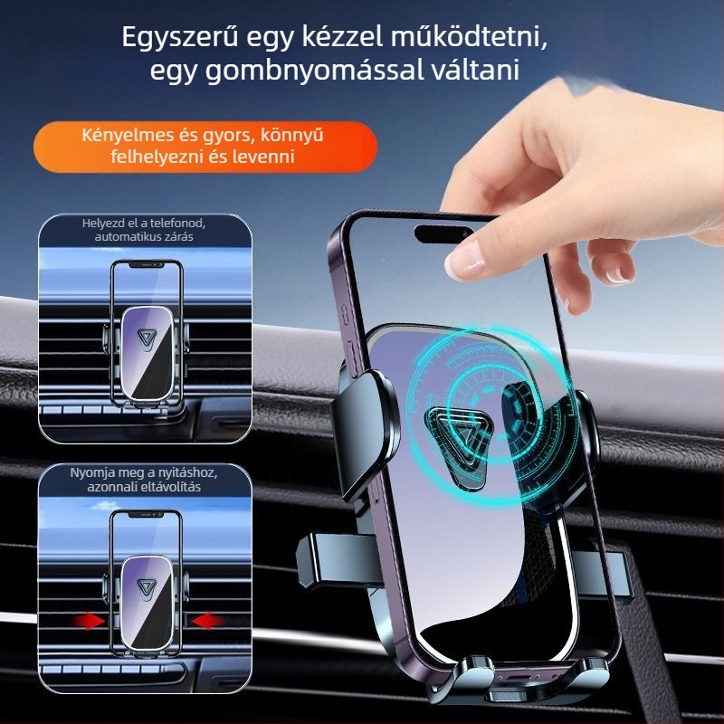 Universális autótelefon-tartó, snap-on illesztés a légcsatornába, rezgésmentes navigációhoz