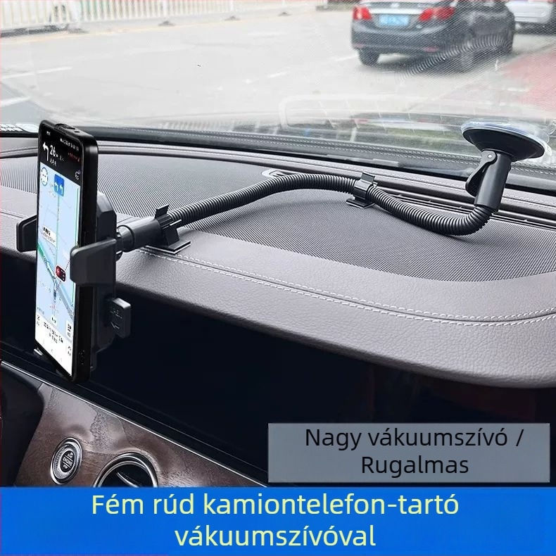 Kinyújtott autós telefontartó vákuumos csészével teherautókhoz — rögzítés az előre néző szélvédőre, ütésálló váz, minimalistikus kialakítás