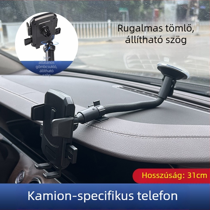 Kinyújtott autós telefontartó vákuumos csészével teherautókhoz — rögzítés az előre néző szélvédőre, ütésálló váz, minimalistikus kialakítás