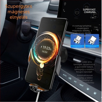 120W autós vezeték nélküli telefon töltő-állvány, magnetikus ötvözet navigációs állvány, automatikus nyitás-zárás, intelligens érzékelővel