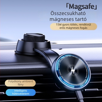 Autós telefon-tartó vezeték nélküli töltéssel, 15W-es gyors töltés, mágneses rögzítés, 360°-os forgatás, univerzális