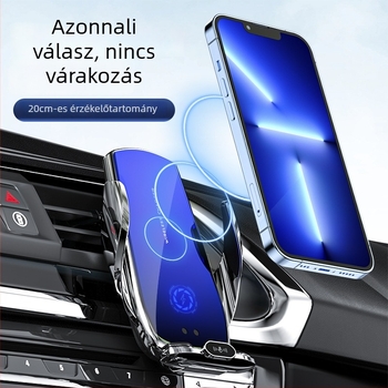 Autóba szerelhető telefontartó vezeték nélküli töltéssel, 360° forgással, USB töltőporttal, elektromos rögzítéssel