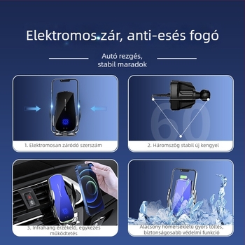 Autóba szerelhető telefontartó vezeték nélküli töltéssel, 360° forgással, USB töltőporttal, elektromos rögzítéssel