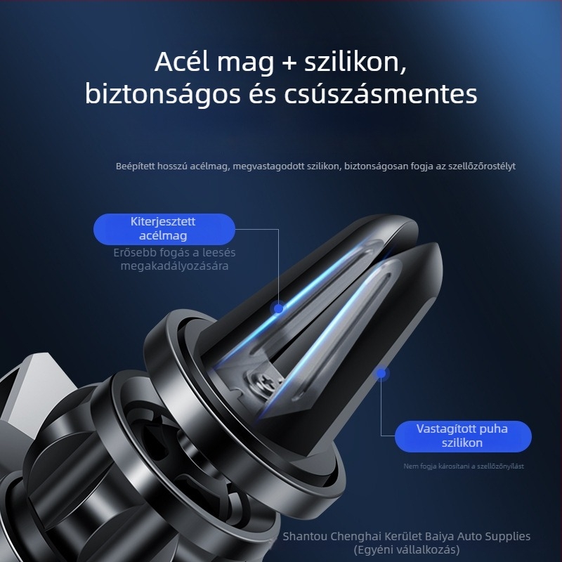 Autótelefon-tartó gravitációs rögzítéssel, szilikon klippel, 360°-os forgással, univerzális a légcsatornához