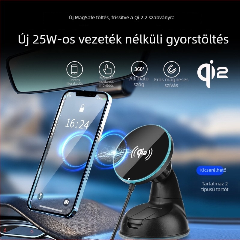 Qi 2.2 Vezeték nélküli Gyors Töltés 25W Mágneses Autó Töltő Telefon Tartóval Szívófejjel Apple iPhone 16/17