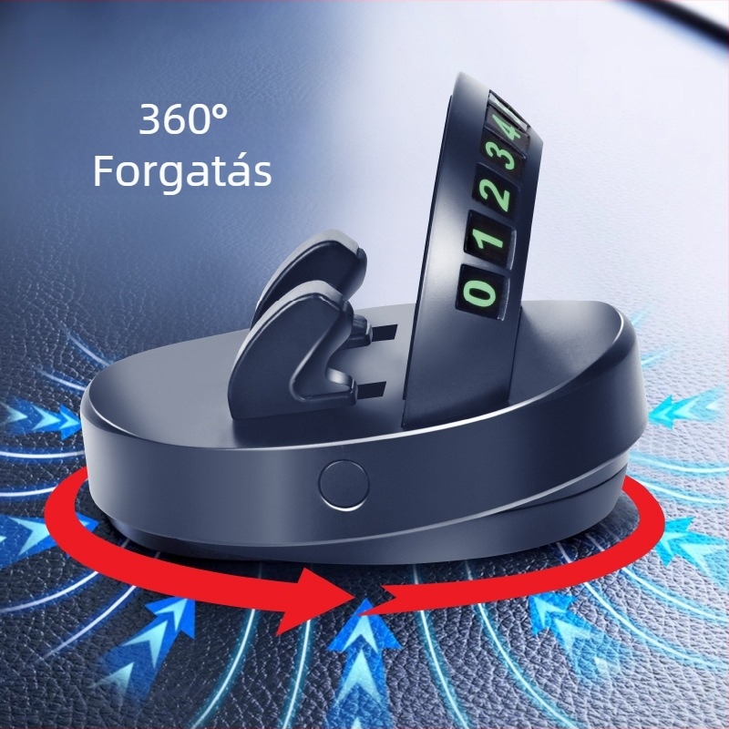 Autóba szerelhető telefon-tartó a műszerfalon, 360°-os forgással, fénylő kijelzővel, ragasztós felszereléssel, navigációhoz és ideiglenes parkolási szám-tábla számára