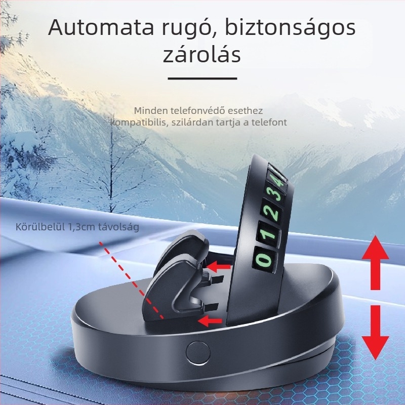 Autóba szerelhető telefon-tartó a műszerfalon, 360°-os forgással, fénylő kijelzővel, ragasztós felszereléssel, navigációhoz és ideiglenes parkolási szám-tábla számára