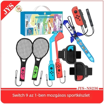 Switch 9 az 1-ben szomatoszenzoros sport kiegészítők készlet Switchhez – USB interfész, ABS anyag, tartalmaz: golfütő x2, kis fogantyú x2, láböv x2, teniszütő x2, kard