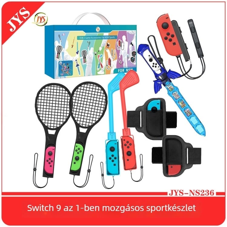 Switch 9 az 1-ben szomatoszenzoros sport kiegészítők készlet Switchhez – USB interfész, ABS anyag, tartalmaz: golfütő x2, kis fogantyú x2, láböv x2, teniszütő x2, kard