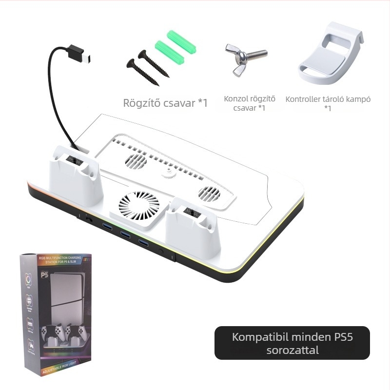 PS5 Slim/Pro gyors töltő dokk hűtőventilátorral és RGB LED-del, ABS kivitel