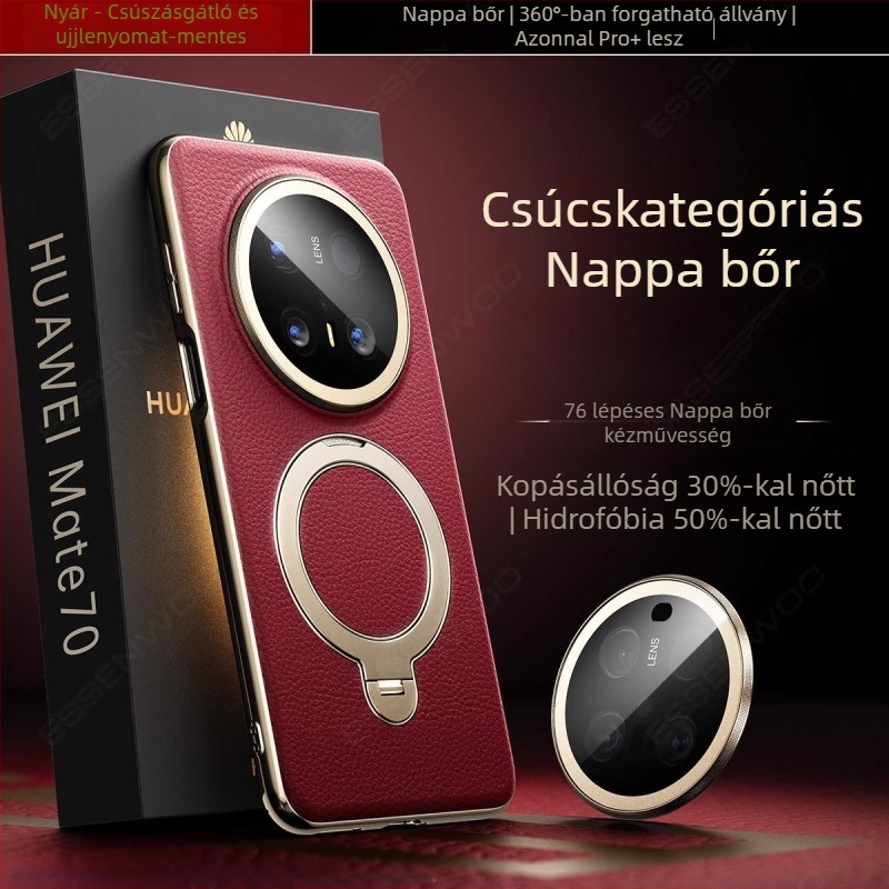 Huawei Mate70 Pro tok, valódi bőr, forgó állvánnyal, leesés elleni védelem
