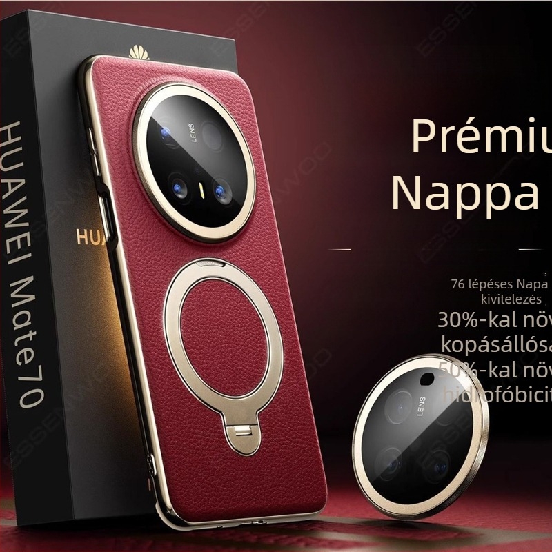 Huawei Mate70 Pro tok, valódi bőr, forgó állvánnyal, leesés elleni védelem