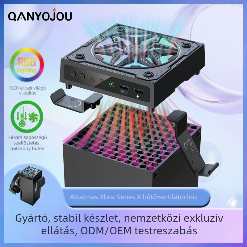Xbox Series X hűtőventilátor RGB világítással – OEM gyártású ABS ház, tartalmaz porvédő hálót és szilikon dugókat