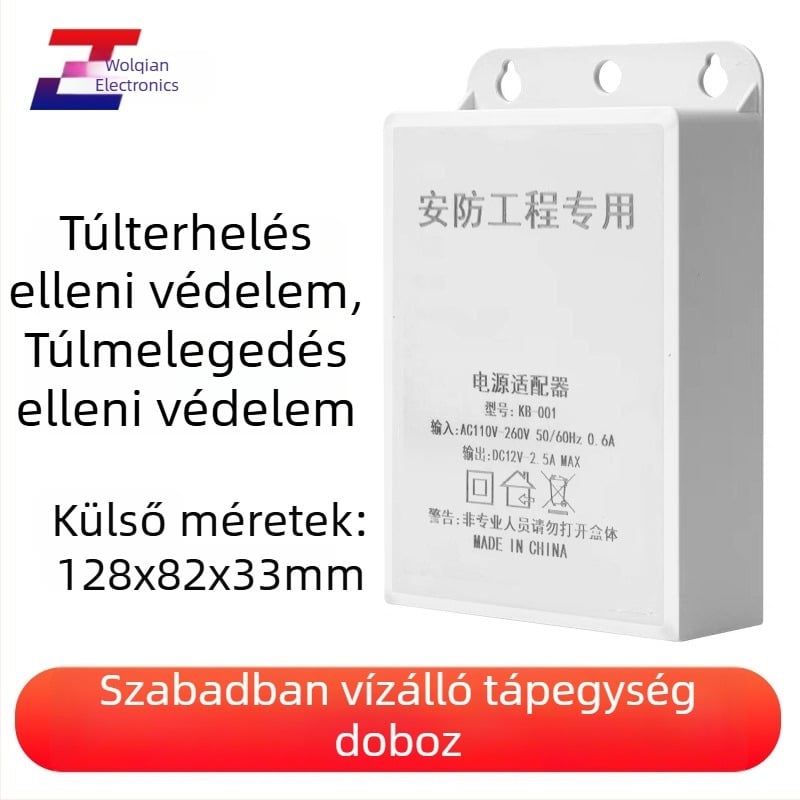 Kültéri megfigyelő rendszerhez tartozó tápegység, 12V 2.5A 24W, falra szerelhető, kapcsoló típusú tápegység, hálózati HD kamera számára