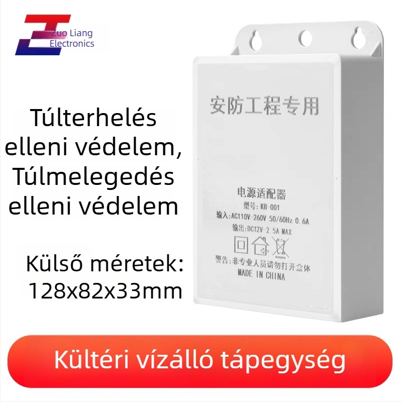 Kültéri megfigyelő rendszerhez tartozó tápegység, 12V 2.5A 24W, falra szerelhető, kapcsoló típusú tápegység, hálózati HD kamera számára