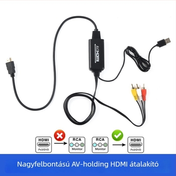 AV–HDMI átalakító háromszínű RCA-kábellel analóg eszközök csatlakoztatására TV-hez vagy monitorhoz, kompatibil játék-konzolokkal és régi DVD-lejátszókkal