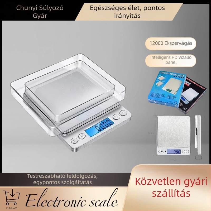 Digitális precíziós mérleg 0,01 g, hordozható ékszer- és konyhai mérleg, 500 g-3 kg, elektronikus, működés: 2x AAA