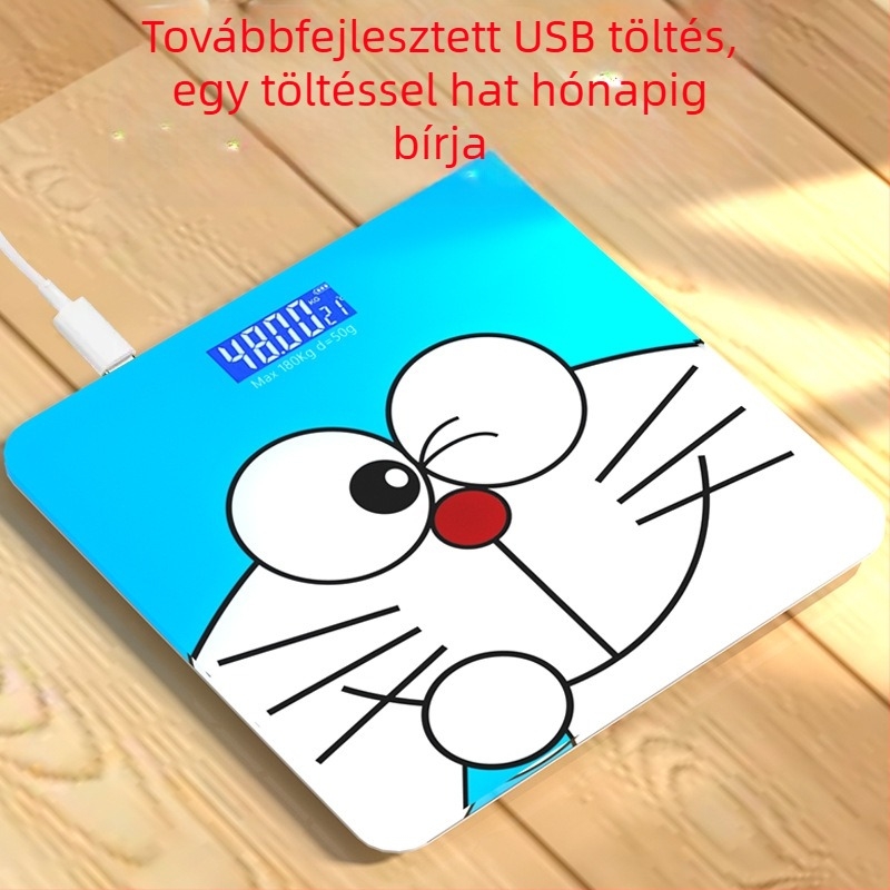 USB-töltéses digitális testsúlymérő, kiváló pontosság, aranyos animációs dizájn, diákszállásokhoz, háztartási testsúlymérő, maximális teher 180 kg