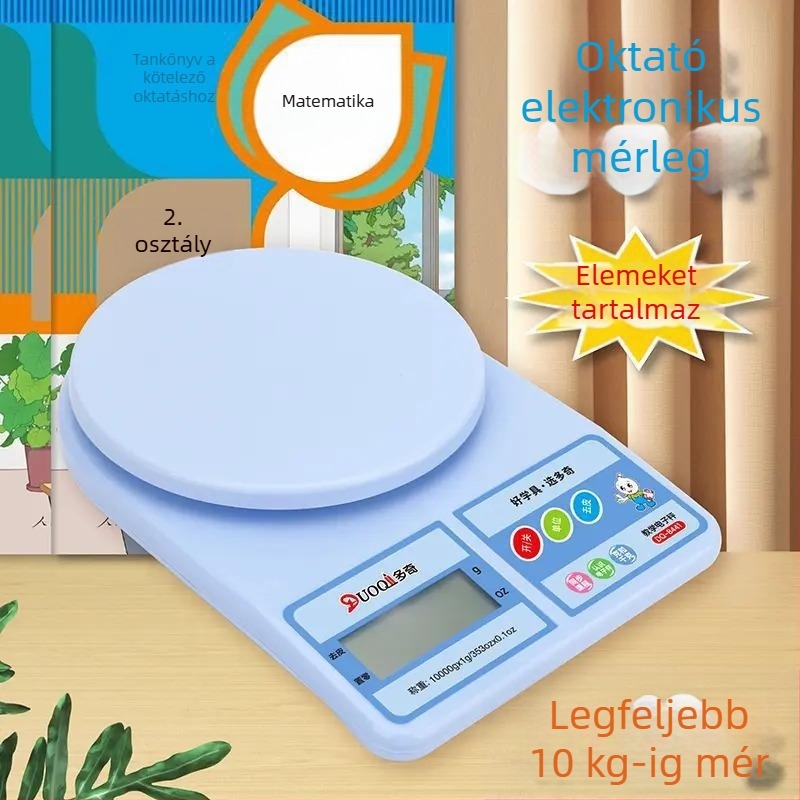 Általános iskolások számára készült elektronikus oktatási mérleg (2–3. osztály) grammok és kilogrammok tanulására, kompakt mérőtál
