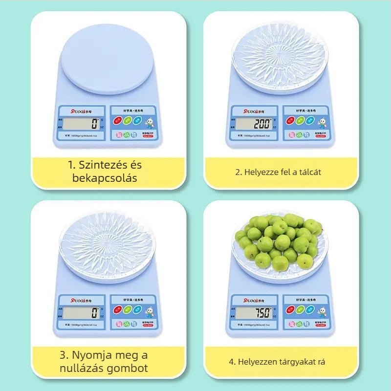 Általános iskolások számára készült elektronikus oktatási mérleg (2–3. osztály) grammok és kilogrammok tanulására, kompakt mérőtál