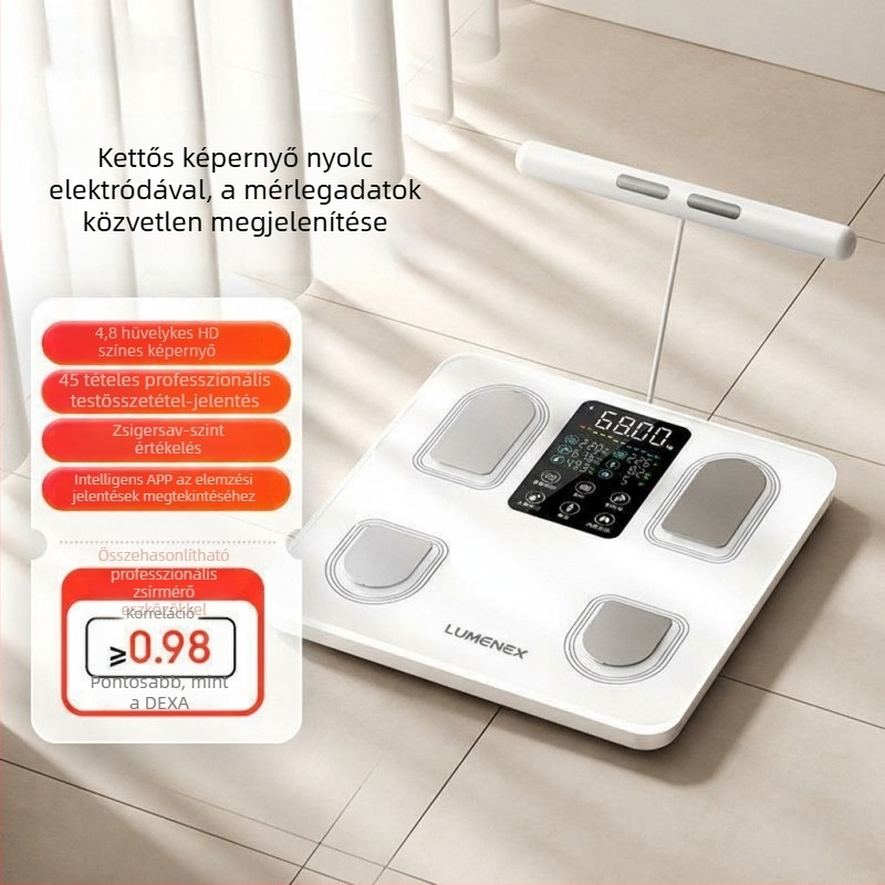 Intelligens otthoni mérleg nagy színes kijelzővel, Bluetooth-kapcsolatú digitális mérleg edzéshez, nyolc elektródás testzsír-mérleg