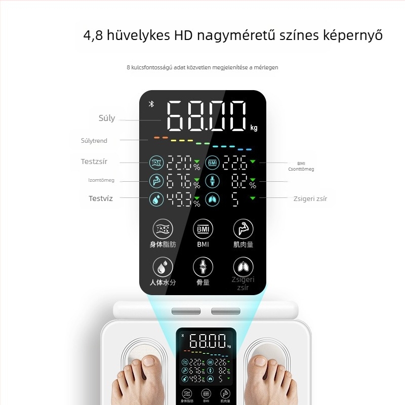 Intelligens otthoni mérleg nagy színes kijelzővel, Bluetooth-kapcsolatú digitális mérleg edzéshez, nyolc elektródás testzsír-mérleg