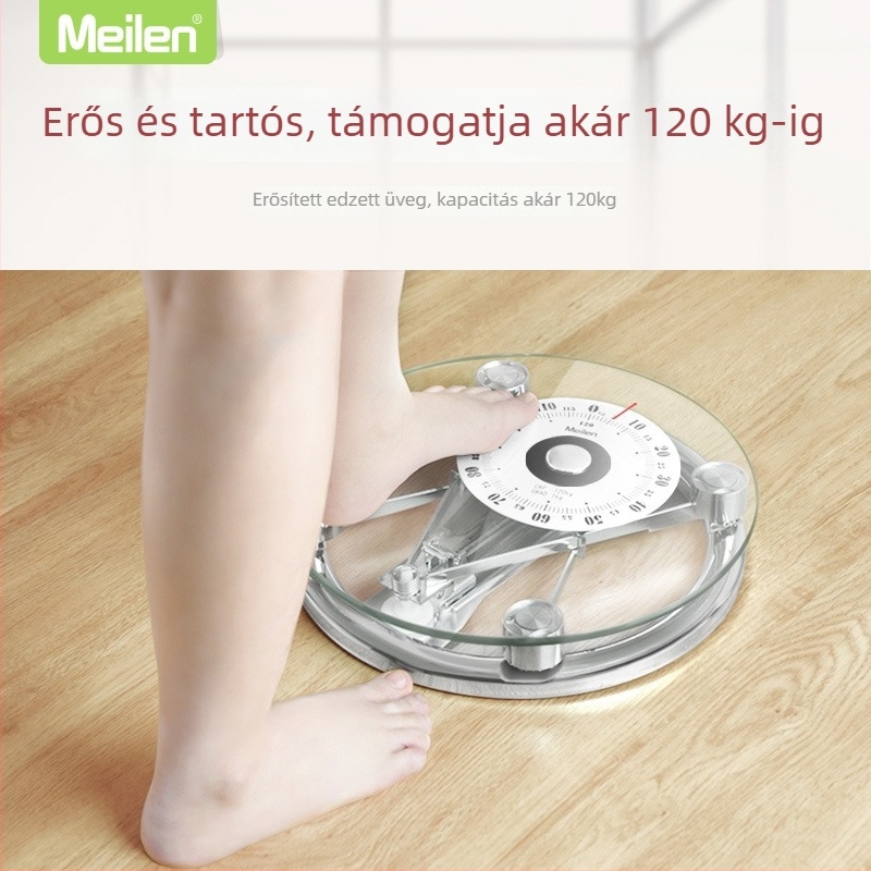 Háztartási üveg mechanikus mérleg, átlátszó panel, kör alakú, 120 kg kapacitás.