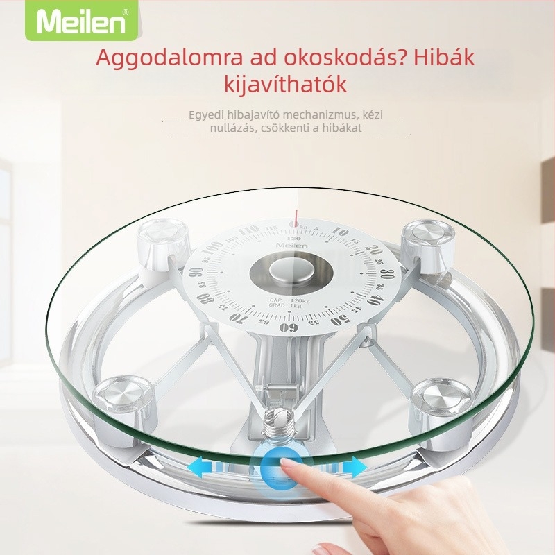 Háztartási üveg mechanikus mérleg, átlátszó panel, kör alakú, 120 kg kapacitás.
