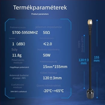 5,8 GHz UAV FPV antenna – kis gombaszerű, nagy nyereségű omni irányú antenna, SMA csatlakozóval, 120 mm kábelhossz, 5700–5950 MHz