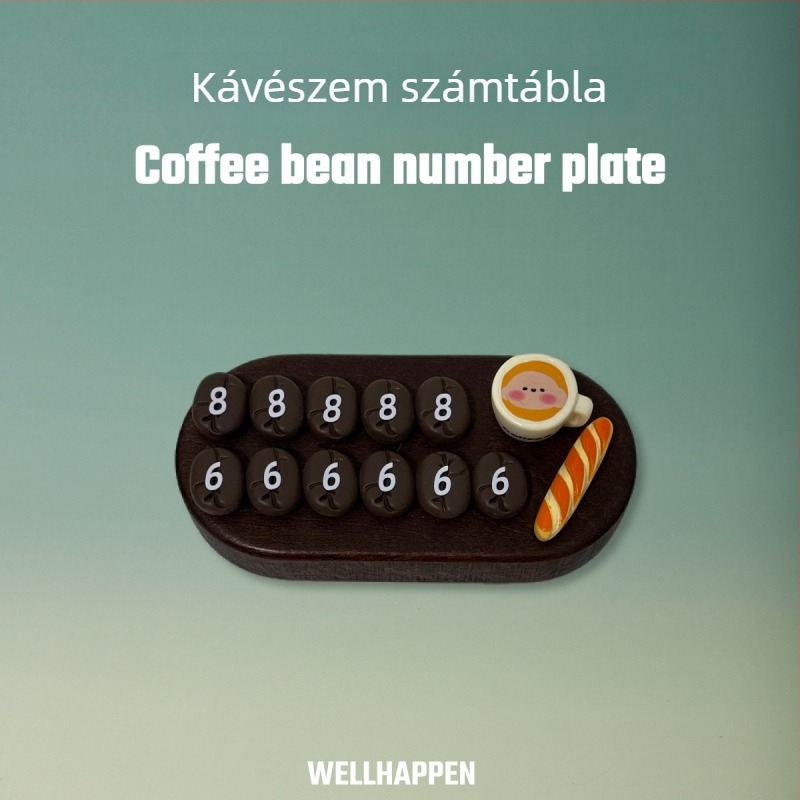 Diófából készült, vintage autódísz kávébab motívummal és ideiglenes parkolási számmal