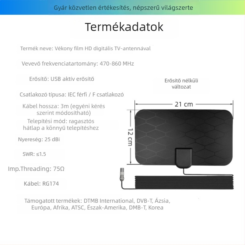 Belső és kültéri használatra szánt digitális TV antenna, DTMB, HDTV vétel, erősítővel
