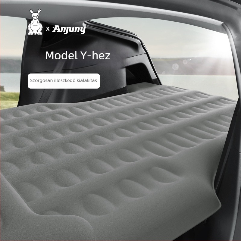 Tesla Model Y hátsó üléshez autópadló, vastag flock anyag, elektromos felfújás, max terhelhetőség 500 kg, logó nyomtatva