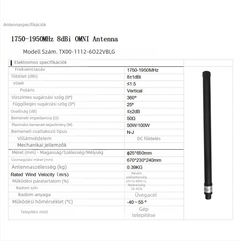 TX TELSIG FRP vízálló omnidirekcionális antenna UAV repülésirányításhoz, 760-860 MHz, 8 dBi