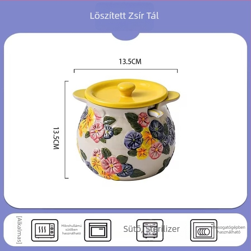 Reliefes kerámia zsír-tároló fedővel, konyhai csiliolajhoz