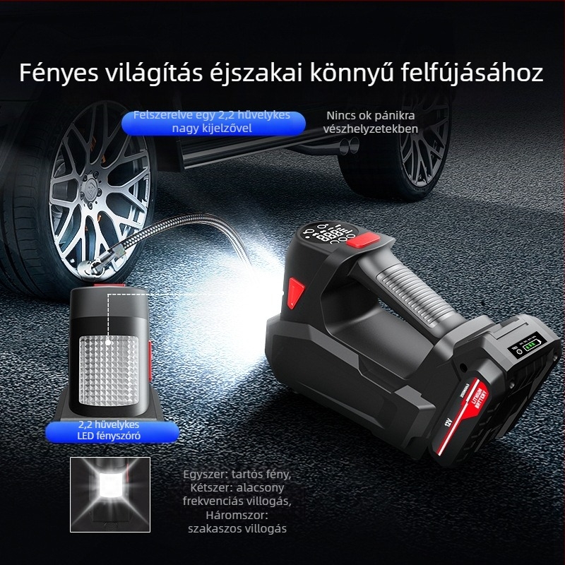Vezeték nélküli autógumi-szivattyú digitális kijelzővel, LED világítással, 12V, 120W, 3 m hosszú kábel