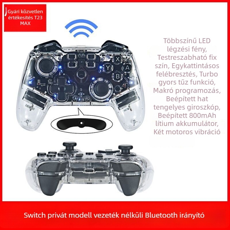 Switch Pro vezeték nélküli Bluetooth játékkontroller giroszkóppal, makró programozással és turbo funkcióval, 800 mAh-s akkumulátor