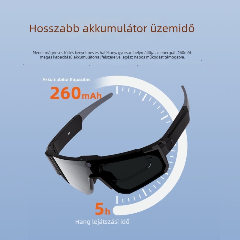 AI‑fordítással rendelkező okos szemüveg, kamera és Bluetooth – 260 mAh akkumulátor, 10 m feletti hatótáv