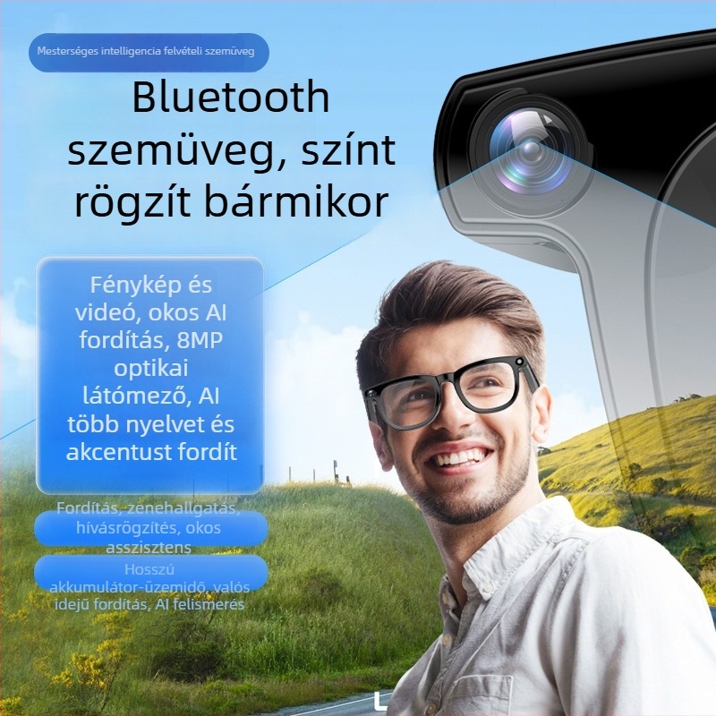 AI fordítással és kép felismeréssel ellátott okos szemüveg, 8 MP kamera, 32 GB tárhely, 39 g súly, fejre szerelhető, érintéses és gombos vezérlés, Android és iOS kompatibilis