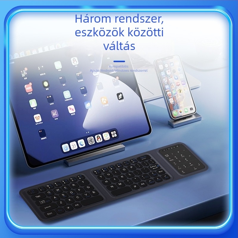 Háromszor hajtogatható Bluetooth billentyűzet érintőpad-dal – ultra vékony, újratölthető, csendes, kompatibil okostelefonokkal és tabletekkel