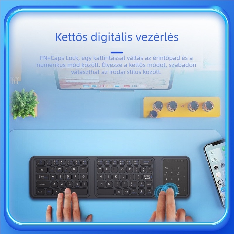 Háromszor hajtogatható Bluetooth billentyűzet érintőpad-dal – ultra vékony, újratölthető, csendes, kompatibil okostelefonokkal és tabletekkel