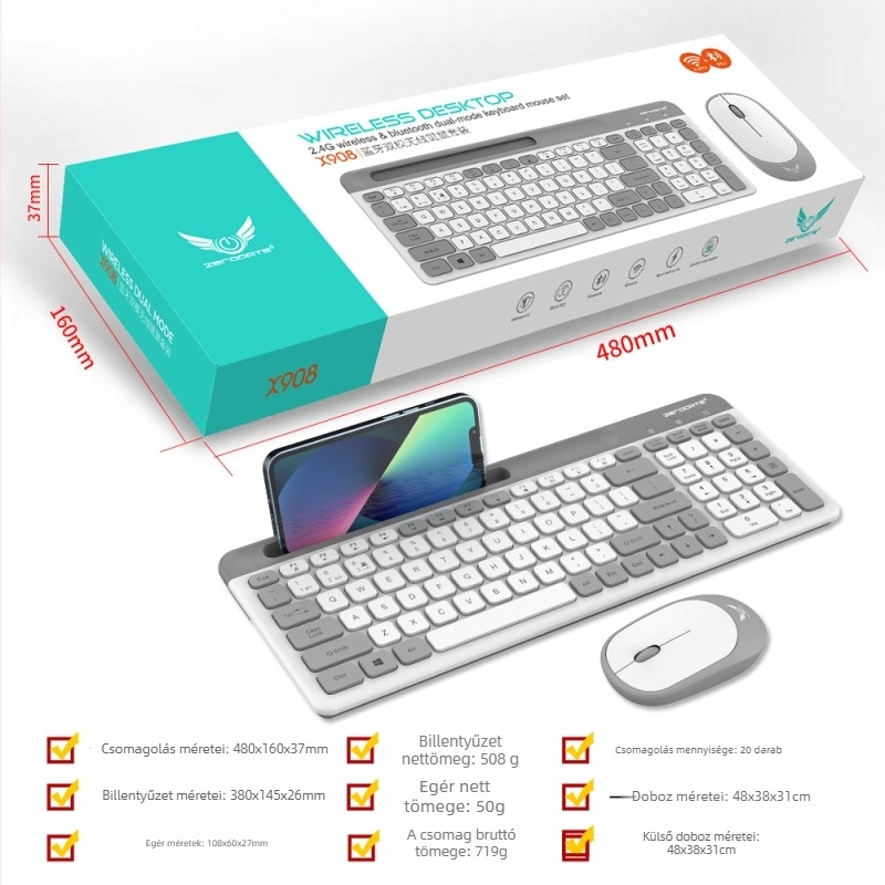 X908 Bluetooth vezeték nélküli billentyűzet és egér szett — 1200 DPI, ergonómikus, Bluetooth a billentyűzethez és egérhez