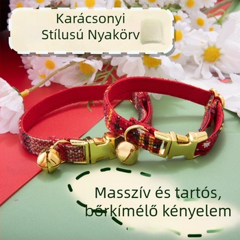 Macskanyakörv gravírozással és csengővel — lenanyagból, szín-illesztési mintával, macskák számára, Halloween, Karácsony, Valentin-nap, Húsvét; brit stílus
