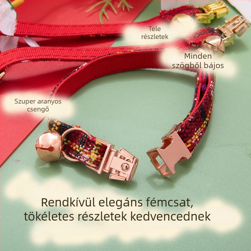 Macskanyakörv gravírozással és csengővel — lenanyagból, szín-illesztési mintával, macskák számára, Halloween, Karácsony, Valentin-nap, Húsvét; brit stílus