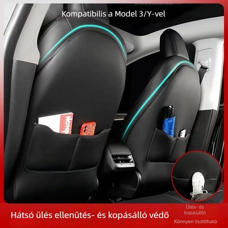 Tesla hátsó anti-ütközés ülésvédő Model Y és Model 3 – hátsó párna, egész évre, mikroszálas bőr, tömőanyag szivacs, logó nyomtatás, egyszínű mintázat