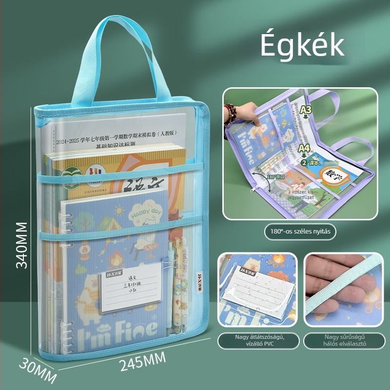 A4-es dokumentumtáska, vízálló irodai szervező, L-alakú, 180°-os nyitású, iskolai kellékek tárolására