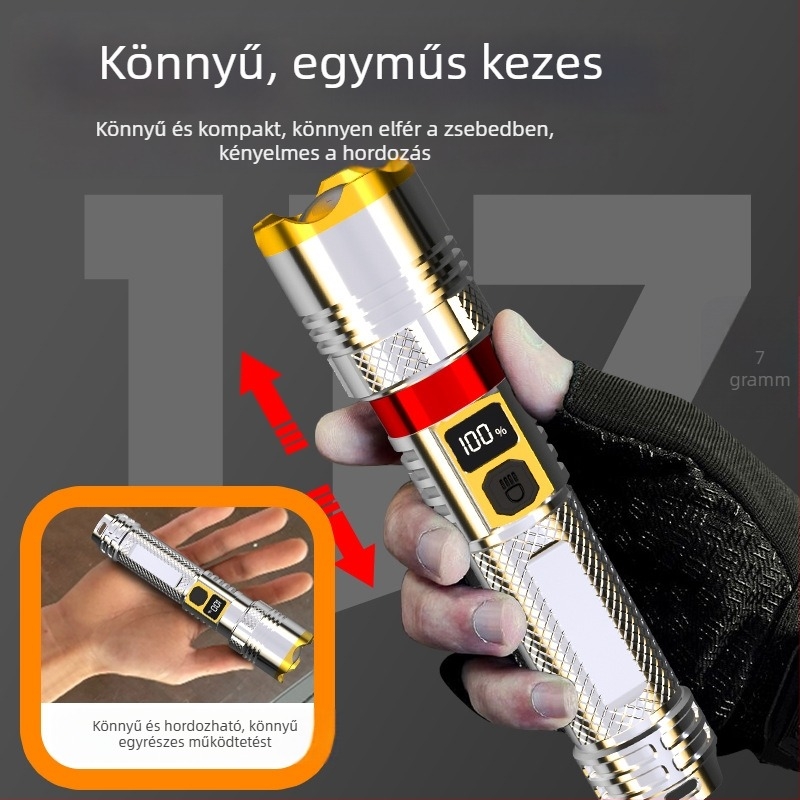 Yao Mountain Tiger LED elemlámpa digitális kijelzővel; 30W teljesítmény; lézerfény; újratölthető 1800mAh akkumulátor; optikai zoom; hatótávolság >500 m