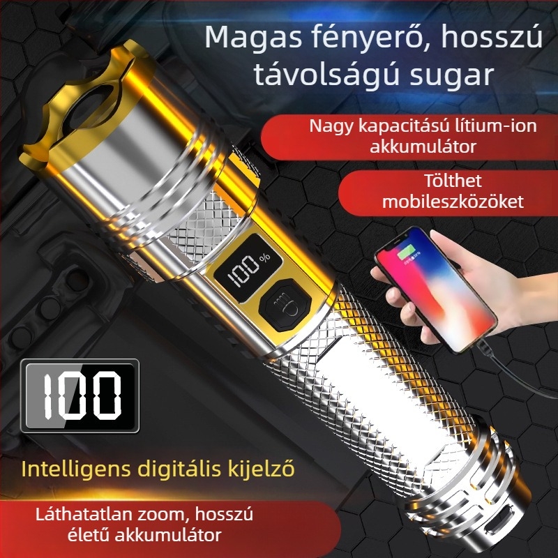 Yao Mountain Tiger LED elemlámpa digitális kijelzővel; 30W teljesítmény; lézerfény; újratölthető 1800mAh akkumulátor; optikai zoom; hatótávolság >500 m