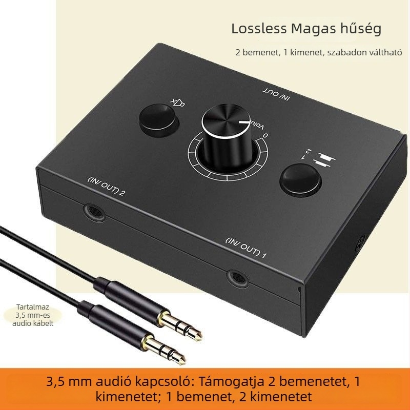 Oxygen GV-AC014 3.5 mm-es audió kapcsoló, 2 bemenet, 1 kimenet, mobiltelefonokkal, számítógépekkel és tablettákkal kompatibilis, veszteségmentes, magas hűségű hangzás, állítható hangerő