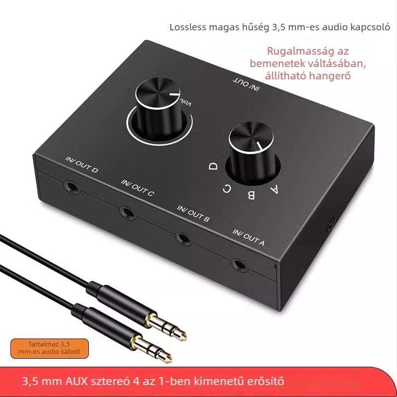 Oxygen GV-AC014 3.5 mm-es audió kapcsoló, 2 bemenet, 1 kimenet, mobiltelefonokkal, számítógépekkel és tablettákkal kompatibilis, veszteségmentes, magas hűségű hangzás, állítható hangerő